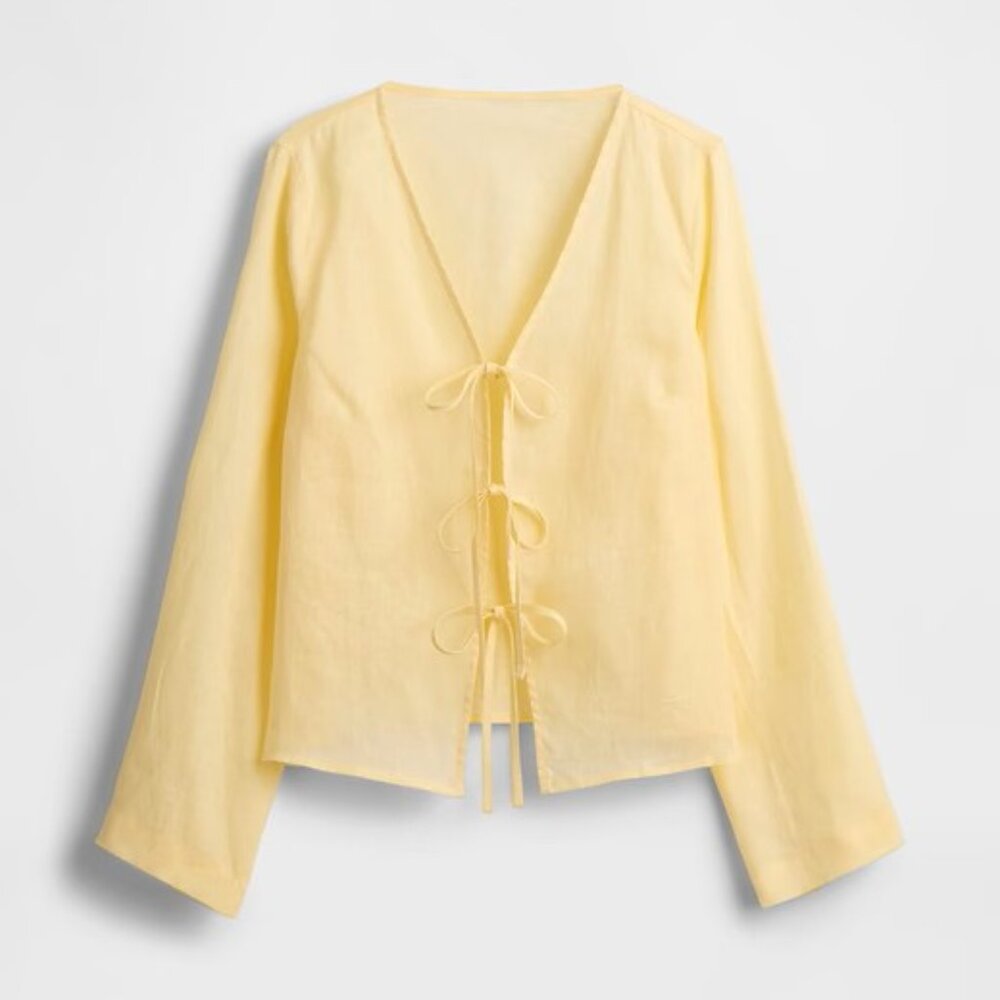 NWT!! Gap Women's Butter Yellow 100% Linen L/S Tie-Front Shirt Top L Petite